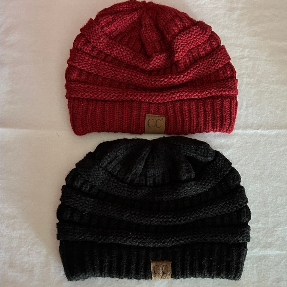 2 CC Brand Cable Knit Beanies 1-Burgundy and 1 Black